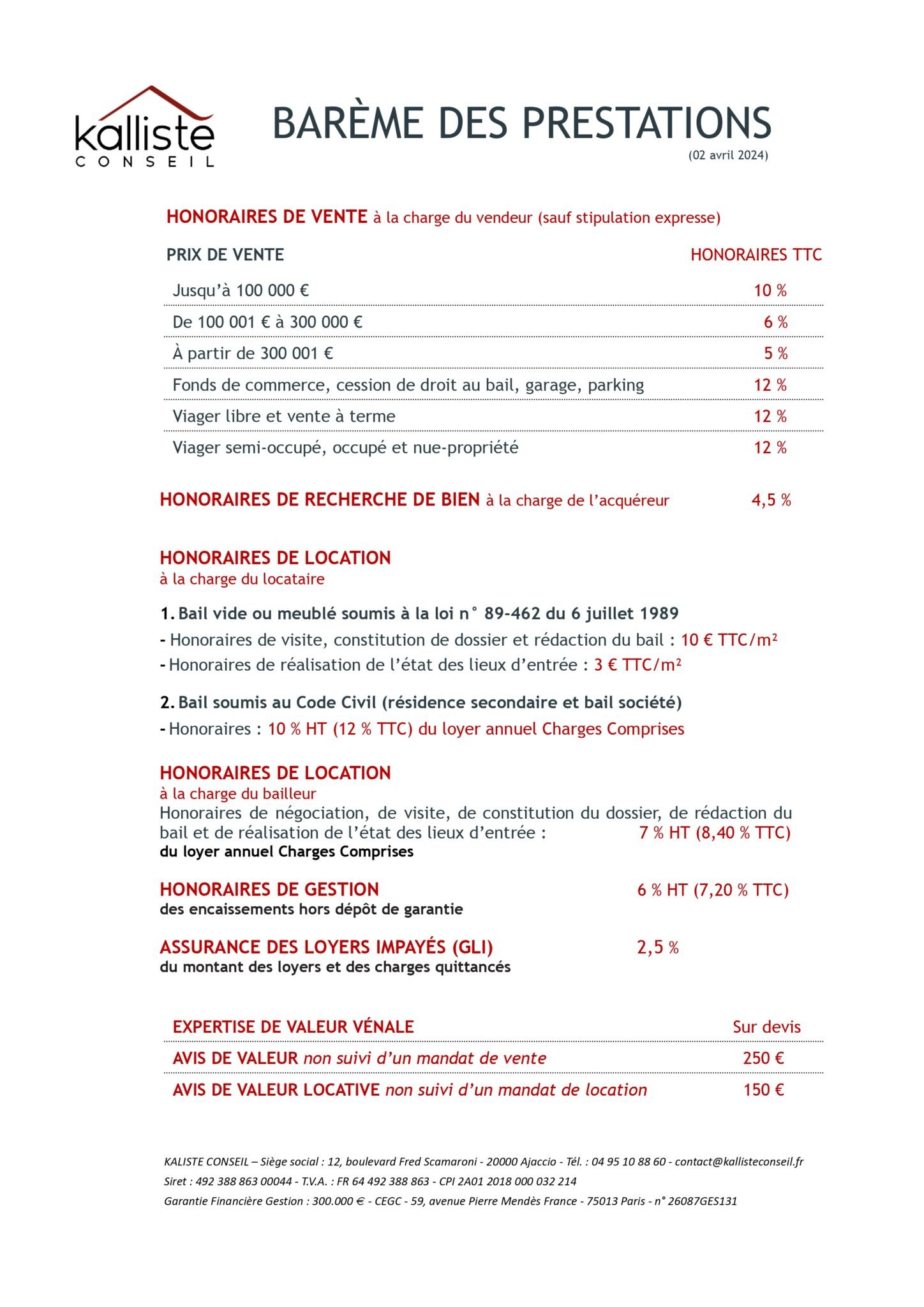 bareme 2024 de l'agence Kallisté Conseil