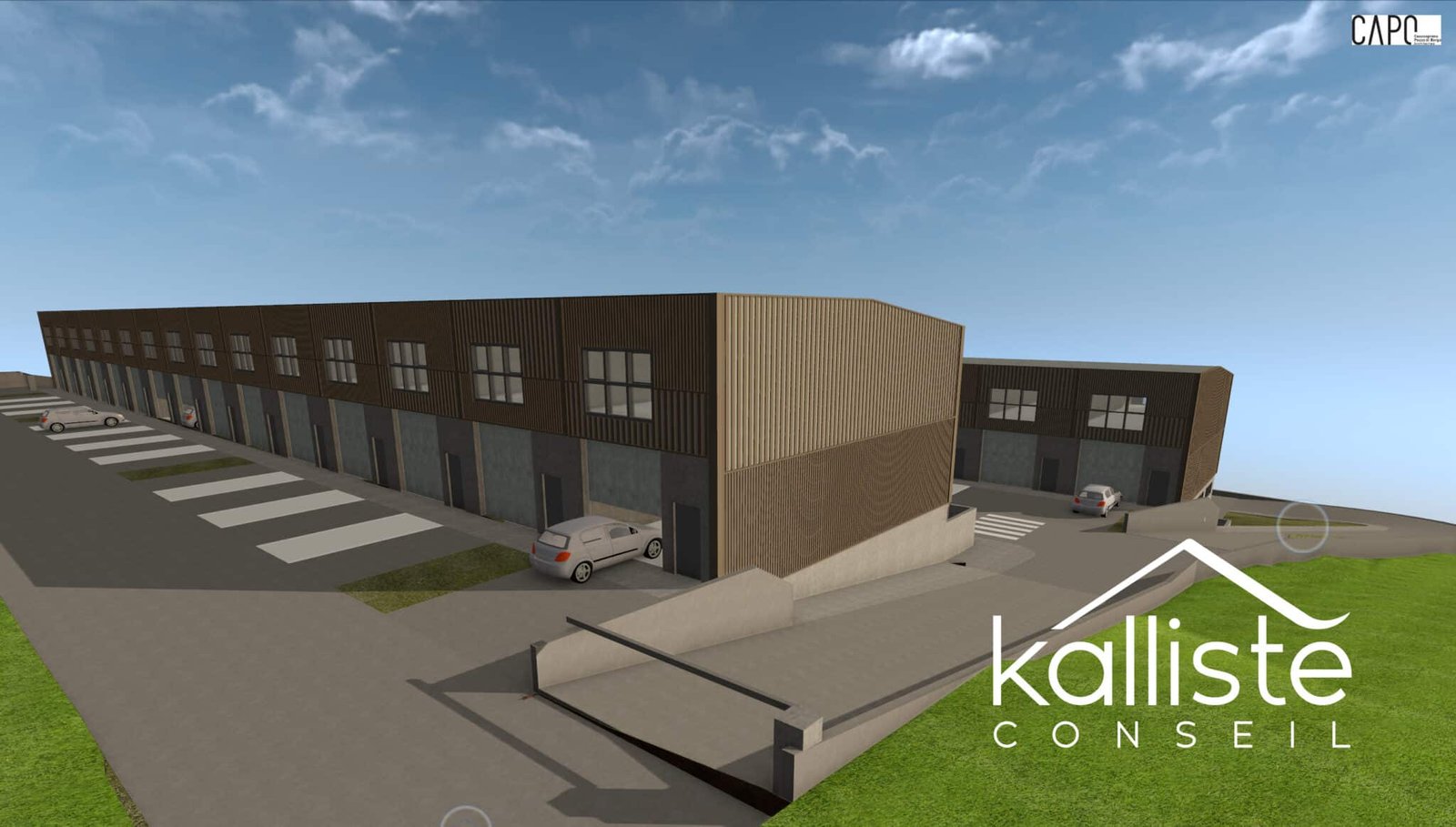 Vue globale du programme neuf Les Hangars du Vazzio à Ajaccio, comprenant cellules d’activité et locaux de stockage.