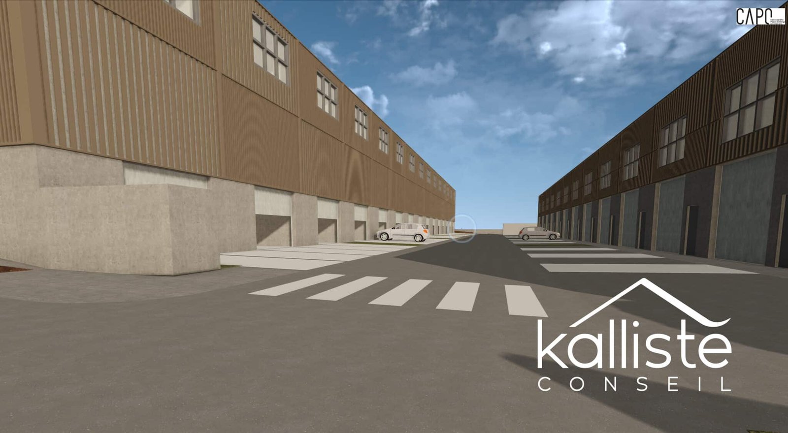 Vue des cellules d’activité neuves du bâtiment A au Vazzio, Ajaccio, avec stationnements et accès utilitaires.