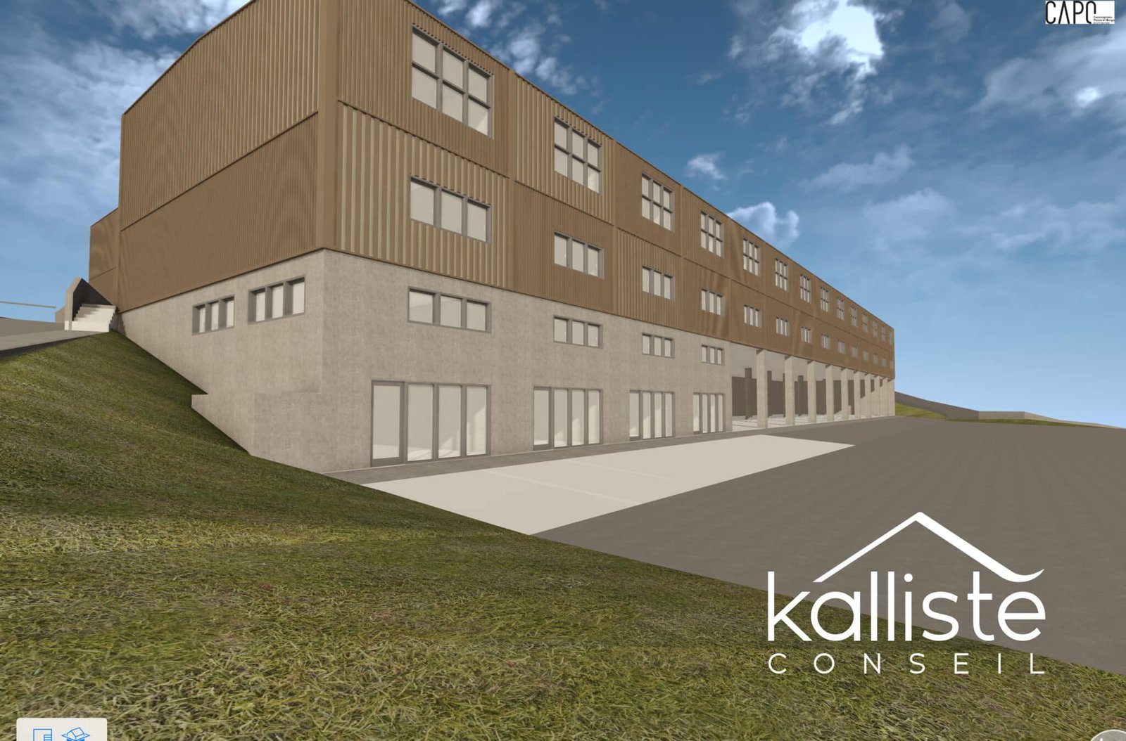 Façade des locaux professionnels neufs à Ajaccio, zone du Vazzio, conçus pour ateliers et stockage.