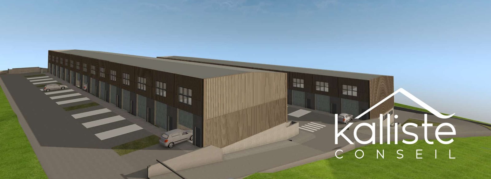 Rampe d’accès et façade du bâtiment B des cellules d’activité neuves dans la zone industrielle du Vazzio à Ajaccio.