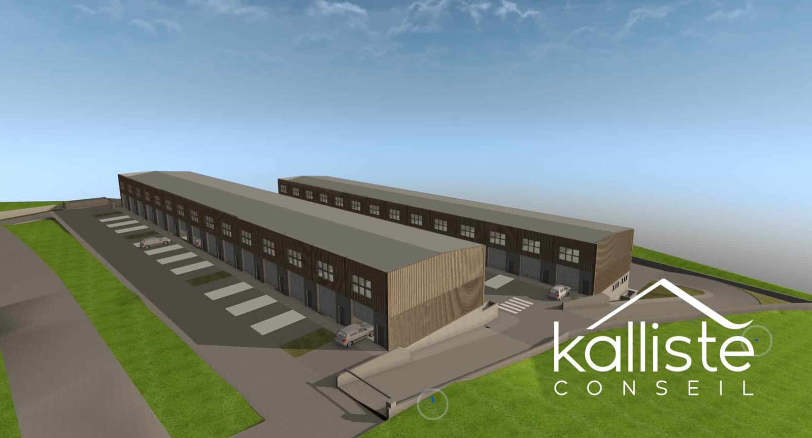 Perspective panoramique des bâtiments du programme de locaux professionnels neufs au Vazzio, Ajaccio.